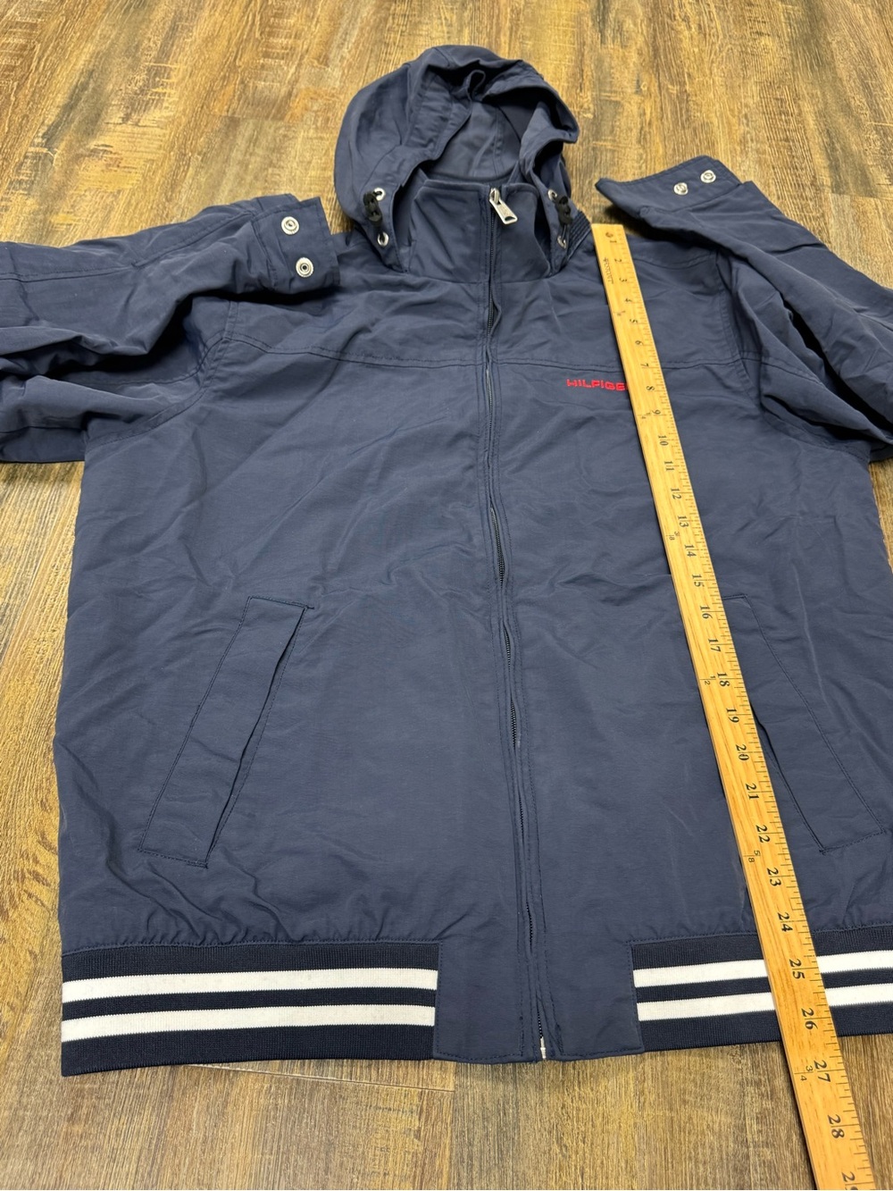 Tommy Hilfiger Men’s Vtg Navy Hooded Regatta Yacht Jacket with Stripe Trim M - Picture 11 of 16
